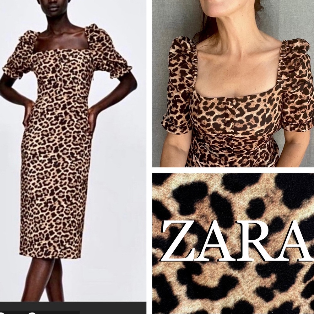 ZARA Woman leopard pencil puffy sleeves jersey midi dress size S